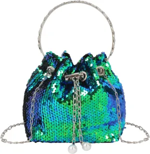 Women Drawstring Bucket Bag Bling Sequin Shoulder Clutch Purse Sparkly Tote Handbag for Evening Wedding Party Prom